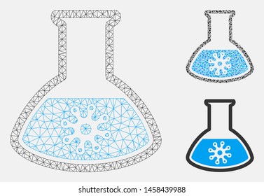 Mesh infection retort model with triangle mosaic icon. Wire carcass triangular mesh of infection retort. Vector mosaic of triangle parts in different sizes, and color tints.