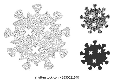 Mesh infection virus model with triangle mosaic icon. Wire carcass triangular mesh of infection virus. Vector mosaic of triangle parts in different sizes, and color shades.