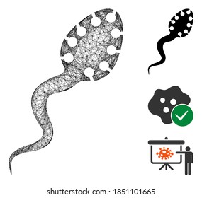Ilustración vectorial del símbolo de la red poligonal infecciosa de malla. El modelo se basa en un icono plano infeccioso. La red triangular forma canales planos infecciosos abstractos.