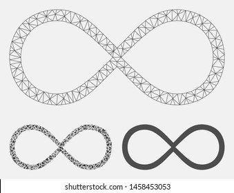 Mesh infinity model with triangle mosaic icon. Wire carcass triangular mesh of infinity. Vector composition of triangle parts in various sizes, and color tinges. Abstract flat mesh infinity,