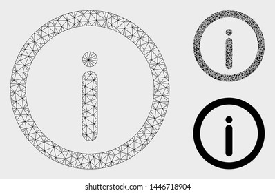 Mesh info model with triangle mosaic icon. Wire frame polygonal mesh of info. Vector composition of triangle elements in different sizes, and color shades. Abstract flat mesh info,