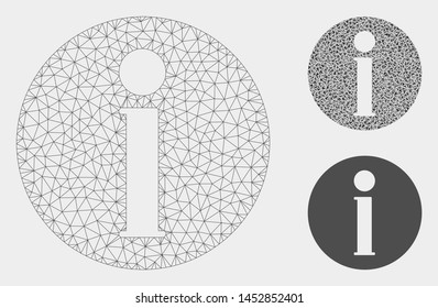 Mesh info model with triangle mosaic icon. Wire frame polygonal mesh of info. Vector composition of triangle parts in various sizes, and color tinges. Abstract flat mesh info,