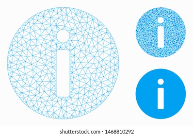 Mesh info model with triangle mosaic icon. Wire frame triangular mesh of info. Vector mosaic of triangle parts in various sizes, and color hues. Abstract flat mesh info, designed with triangular grid.