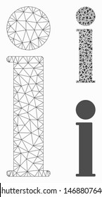 Mesh information model with triangle mosaic icon. Wire carcass triangular mesh of information. Vector composition of triangle parts in different sizes, and color hues. Abstract flat mesh information,