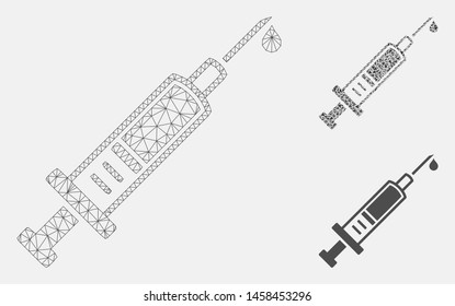 Mesh injection model with triangle mosaic icon. Wire frame polygonal mesh of injection. Vector mosaic of triangle parts in different sizes, and color tones. Abstract flat mesh injection,