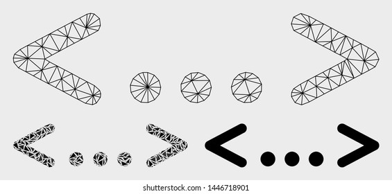 Mesh inline code model with triangle mosaic icon. Wire carcass triangular mesh of inline code. Vector composition of triangle elements in variable sizes, and color hues. Abstract 2d mesh inline code,