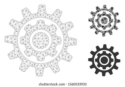 Mesh inner gear model with triangle mosaic icon. Wire frame triangular mesh of inner gear. Vector mosaic of triangle elements in variable sizes, and color tinges. Abstract flat mesh inner gear,