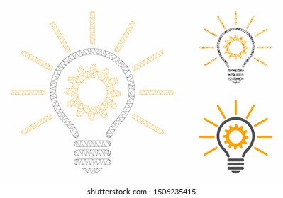 Mesh innovation bulb model with triangle mosaic icon. Wire carcass triangular mesh of innovation bulb. Vector collage of triangle parts in different sizes, and color tinges.