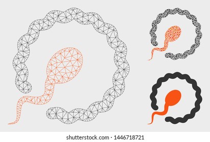 Mesh insemination model with triangle mosaic icon. Wire carcass polygonal mesh of insemination. Vector collage of triangle parts in variable sizes, and color tones. Abstract 2d mesh insemination,