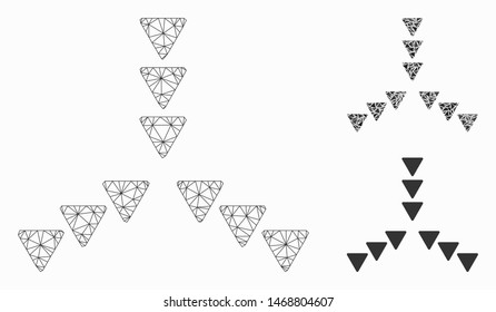 Mesh inside direction model with triangle mosaic icon. Wire carcass polygonal network of inside direction. Vector mosaic of triangle parts in different sizes, and color tones.