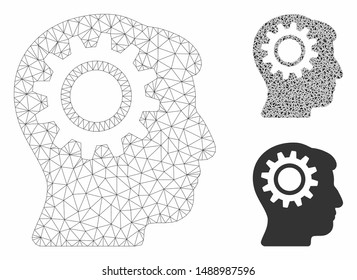 Mesh intellect gear model with triangle mosaic icon. Wire frame triangular mesh of intellect gear. Vector mosaic of triangle elements in variable sizes, and color tones.