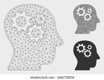 Mesh intellect gears model with triangle mosaic icon. Wire frame polygonal mesh of intellect gears. Vector mosaic of triangles in different sizes, and color tones. Abstract flat mesh intellect gears,
