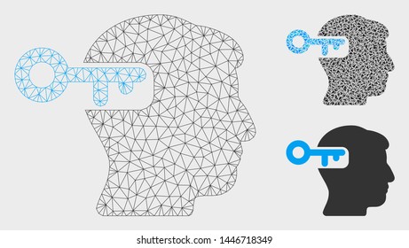 Mesh intellect key model with triangle mosaic icon. Wire carcass triangular mesh of intellect key. Vector mosaic of triangle parts in various sizes, and color shades. Abstract flat mesh intellect key,
