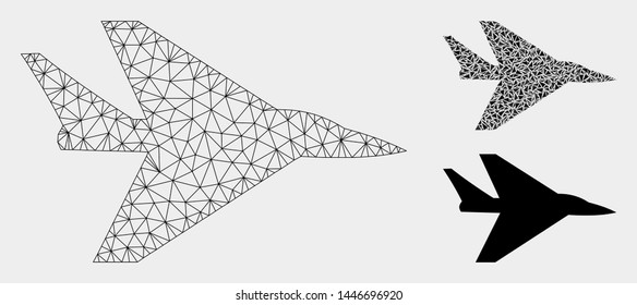 Mesh intercepter plane model with triangle mosaic icon. Wire carcass polygonal mesh of intercepter plane. Vector mosaic of triangles in variable sizes, and color hues.