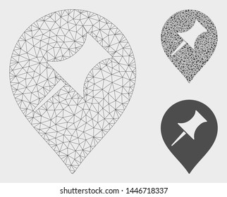 Mesh interest pin marker model with triangle mosaic icon. Wire carcass triangular mesh of interest pin marker. Vector collage of triangle elements in various sizes, and color tinges.