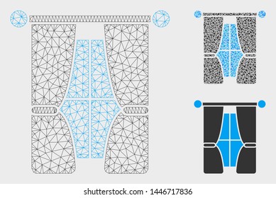 Mesh interior curtains model with triangle mosaic icon. Wire carcass polygonal mesh of interior curtains. Vector collage of triangle elements in different sizes, and color hues.