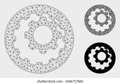 Mesh internal gears model with triangle mosaic icon. Wire frame polygonal mesh of internal gears. Vector mosaic of triangles in various sizes, and color tints. Abstract flat mesh internal gears,