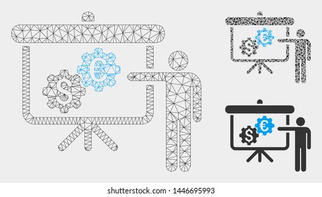 Mesh international banking project model with triangle mosaic icon. Wire frame triangular mesh of international banking project. Vector mosaic of triangle elements in various sizes, and color tints.