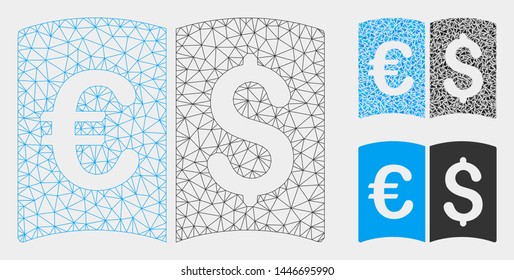 Mesh international catalog model with triangle mosaic icon. Wire frame polygonal mesh of international catalog. Vector mosaic of triangle elements in various sizes, and color shades.