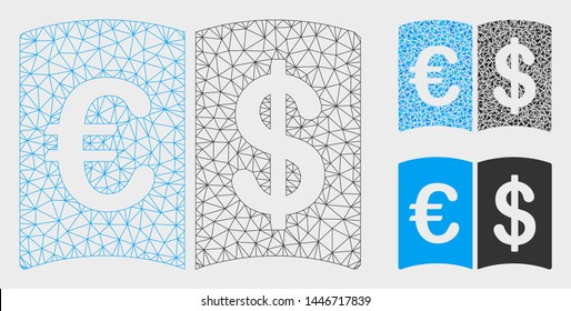 Mesh international catalog model with triangle mosaic icon. Wire frame triangular mesh of international catalog. Vector mosaic of triangle parts in variable sizes, and color tints.