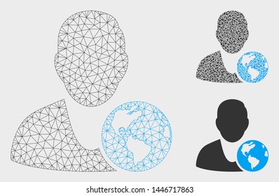 Mesh international manager model with triangle mosaic icon. Wire frame triangular mesh of international manager. Vector composition of triangle parts in various sizes, and color tints.