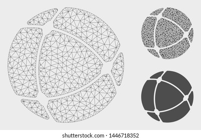Mesh internet sphere model with triangle mosaic icon. Wire frame triangular mesh of internet sphere. Vector mosaic of triangle elements in variable sizes, and color tinges.