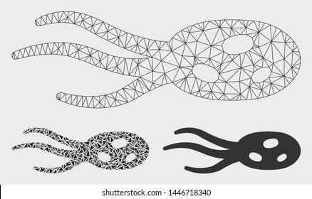 Mesh intrude microorganism model with triangle mosaic icon. Wire carcass triangular mesh of intrude microorganism. Vector mosaic of triangle elements in different sizes, and color tints.