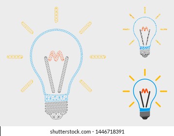 Mesh invent bulb model with triangle mosaic icon. Wire carcass polygonal network of invent bulb. Vector mosaic of triangle parts in variable sizes, and color tinges. Abstract 2d mesh invent bulb,