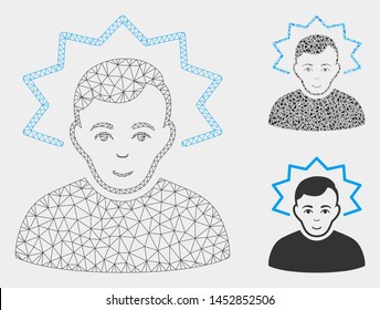 Mesh inventor model with triangle mosaic icon. Wire frame polygonal mesh of inventor. Vector composition of triangle parts in different sizes, and color tones. Abstract 2d mesh inventor,
