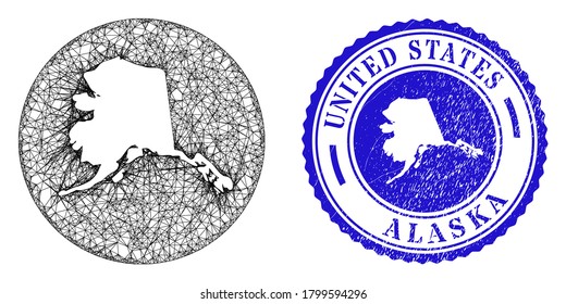 Mesh inverted round Alaska map and scratched seal stamp. Alaska map is a hole in a round stamp seal. Web net vector Alaska map in a circle. Blue round scratched seal stamp.