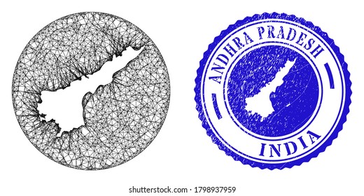 Malla invertida alrededor del mapa estatal de Andhra Pradesh y foca raspada. El mapa del estado de Andhra Pradesh se invierte en un sello circular. Mapa del vector de malla web del estado de Andhra Pradesh en un círculo.