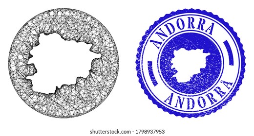 Mesh inverted round Andorra map and grunge seal. Andorra map is cut out from a circle stamp seal. Web mesh vector Andorra map in a circle. Blue round grunge seal stamp.