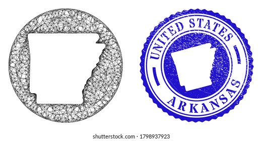 Mesh inverted round Arkansas State map and grunge stamp. Arkansas State map is a hole in a round stamp seal. Web network vector Arkansas State map in a circle. Blue round distress stamp.