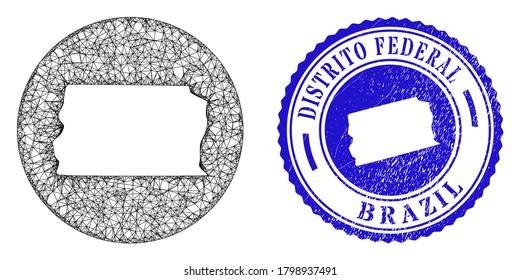Mesh inverted round Brazil Distrito Federal map and scratched seal. Brazil Distrito Federal map is a hole in a circle stamp seal. Web carcass vector Brazil Distrito Federal map in a circle.