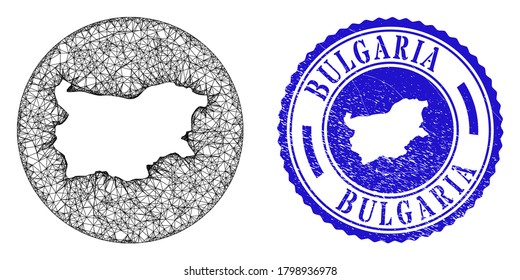 Mesh inverted round Bulgaria map and grunge seal. Bulgaria map is inverted in a round stamp seal. Web mesh vector Bulgaria map in a circle. Blue round scratched stamp.