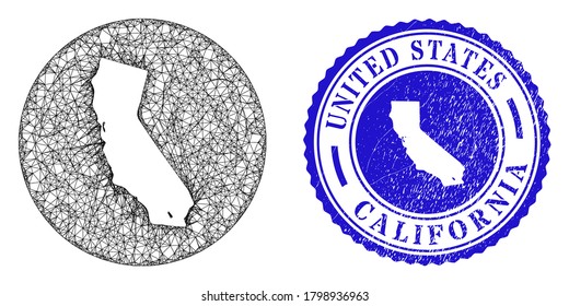 Mesh inverted round California State map and grunge seal. California State map is carved in a circle stamp seal. Web network vector California State map in a circle. Blue round grunge seal stamp.