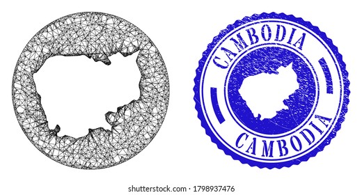 Mesh inverted round Cambodia map and grunge seal stamp. Cambodia map is carved in a round stamp seal. Web mesh vector Cambodia map in a circle. Blue rounded textured stamp.