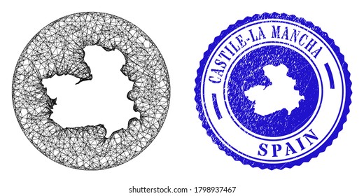 Mesh inverted round Castile-La Mancha Province map and scratched seal. Castile-La Mancha Province map is inverted in a circle stamp. Web carcass vector Castile-La Mancha Province map in a circle.