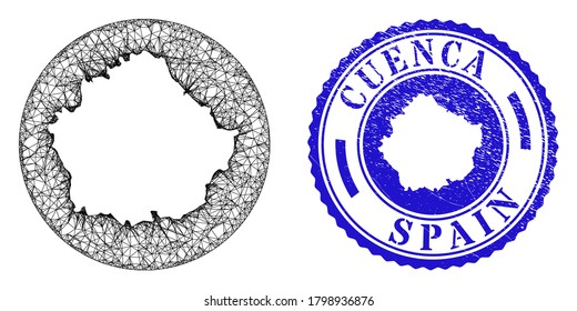 Mapa de la provincia de Cuenca invertido en malla y sello de grunge. El mapa de la provincia de Cuenca es un agujero en un sello de círculo. Mapa de la provincia de Cuenca, vector de canal web, en círculo. Sello de sello texturizado redondo azul.