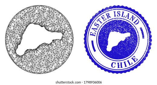 Mesh inverted round Easter Island map and grunge seal. Easter Island map is a hole in a round seal. Web net vector Easter Island map in a circle. Blue round grunge watermark.