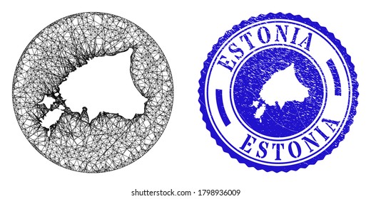 Mesh inverted round Estonia map and scratched seal stamp. Estonia map is inverted in a circle stamp. Web network vector Estonia map in a circle. Blue round scratched seal.