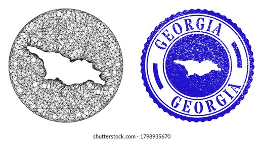 Mesh inverted round Georgia map and grunge seal. Georgia map is a hole in a round seal. Web carcass vector Georgia map in a circle. Blue round grunge stamp.