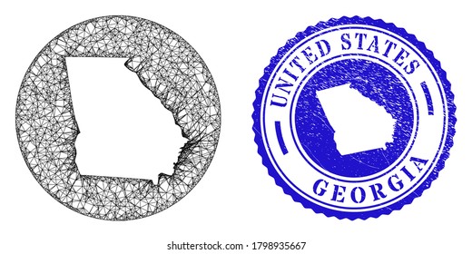 Malla invertida alrededor del mapa del estado de Georgia y sello de sello de foca gruesa. El mapa del estado de Georgia es un agujero en una foca redonda. Mapa del estado de Georgia del vector de la red web en un círculo. Sello de sello texturizado redondo azul.