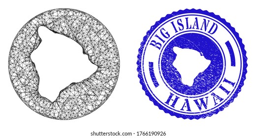 Mesh inverted round Hawaii Big Island map and grunge seal stamp. Hawaii Big Island map is stencil in a circle stamp seal. Web mesh vector Hawaii Big Island map in a circle.