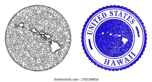 Mesh inverted round Hawaii State map and scratched stamp. Hawaii State map is inverted in a round stamp. Web mesh vector Hawaii State map in a circle. Blue rounded scratched seal.