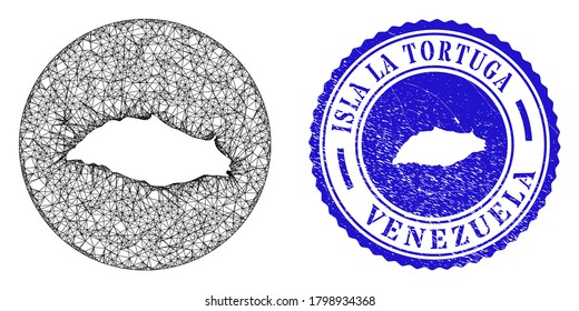 Mesh inverted round Isla La Tortuga map and grunge stamp. Isla La Tortuga map is a hole in a circle seal. Web network vector Isla La Tortuga map in a circle. Blue round textured seal stamp.