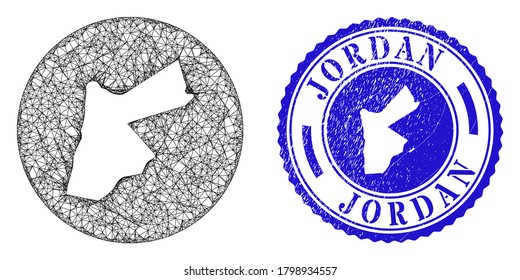 Mesh inverted round Jordan map and grunge stamp. Jordan map is cut out from a circle stamp seal. Web network vector Jordan map in a circle. Blue round grunge seal stamp.