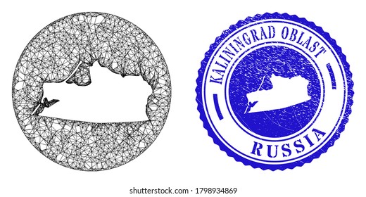 Mesh inverted round Kaliningrad Region map and scratched seal stamp. Kaliningrad Region map is carved in a round stamp. Web mesh vector Kaliningrad Region map in a circle. Blue round distress stamp.