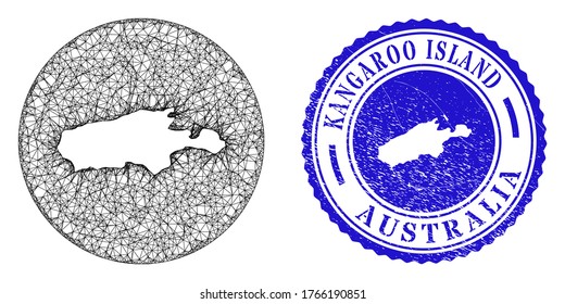 Mesh inverted round Kangaroo Island map and scratched seal stamp. Kangaroo Island map a circle stamp seal. Web net vector Kangaroo Island map in a circle.