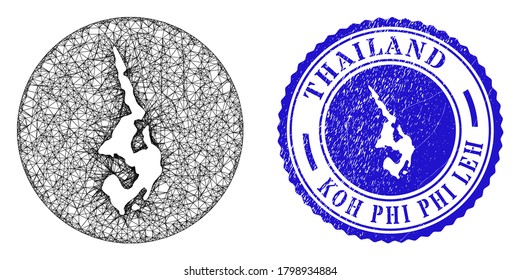 Mesh inverted round Koh Phi Leh map and scratched seal stamp. Koh Phi Leh map is inverted in a circle stamp seal. Web net vector Koh Phi Leh map in a circle.